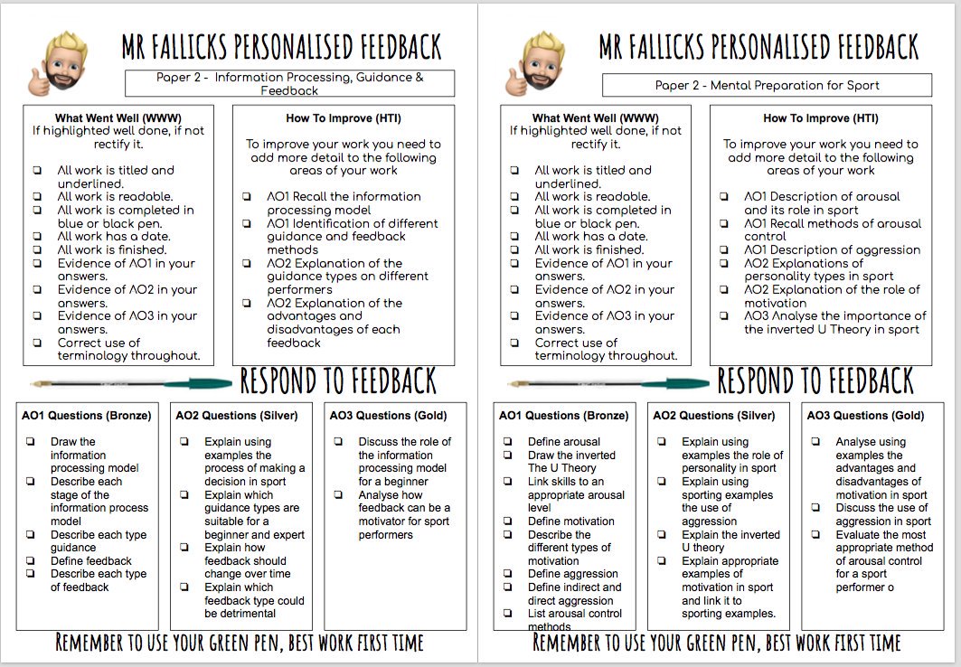 MrFallick's tweet photo. Last week it was Paper 1, here is Paper 2.

Differentiated feedback marking grid. Saves time, and effort. 

Free editable DL here @ShareLearnT - https://t.co/vbkGb4Xk1f

Thanks for @MrLPeachey for the inspiration. 

Please RT

#gcsepe #markingandfeedback https://t.co/LP4nzszYrj