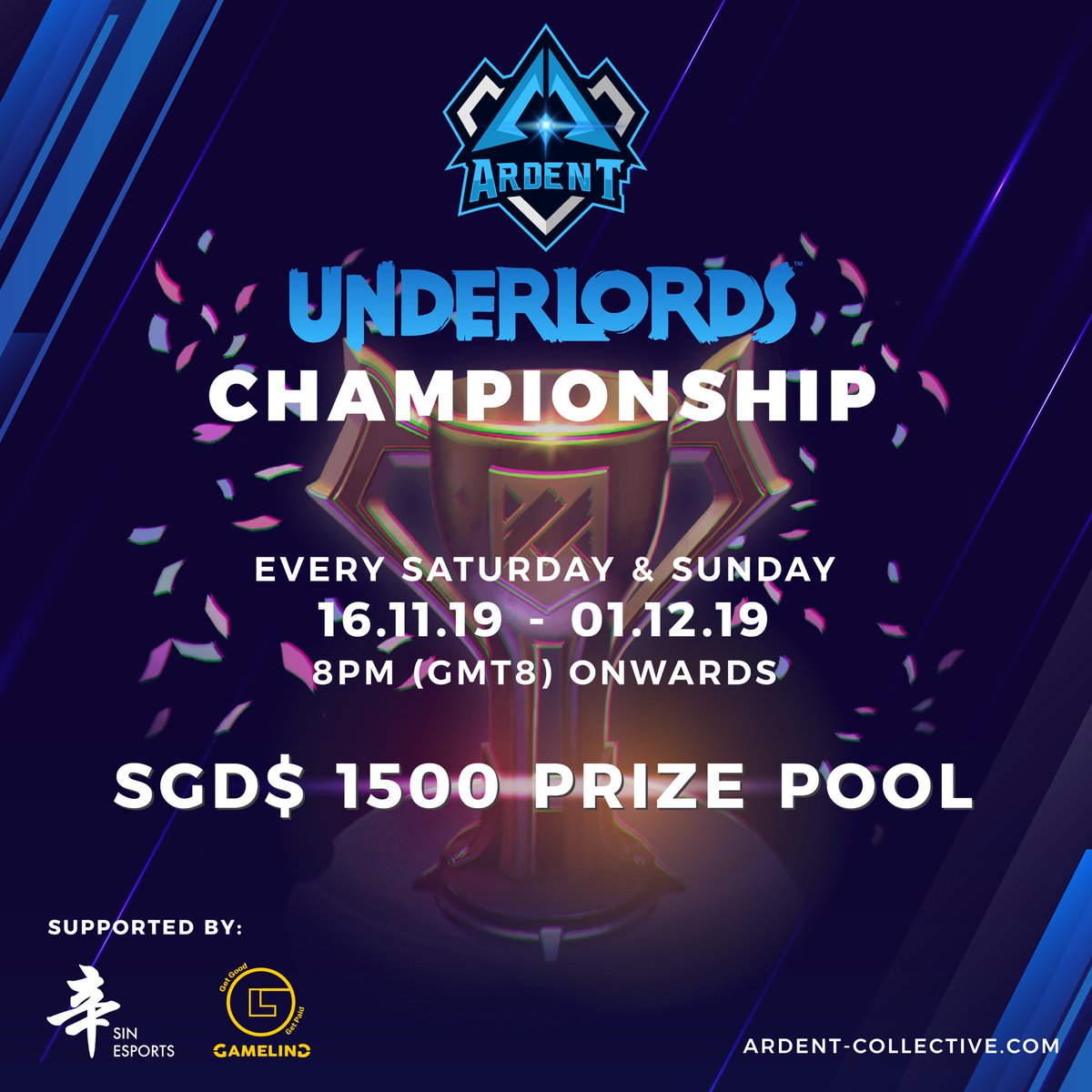 ardentsays's tweet photo. Presenting the ARDENT DoTA Underlords Championship!
Winners take home a combined cash prize pool of SGD1500!
Registration opens 26th Oct till 11 Nov so stay tuned for upcoming rules, regulations and updates within the next few days!
#ardentgg #ardentity #dotaunderlords https://t.co/72TeB0Ys77
