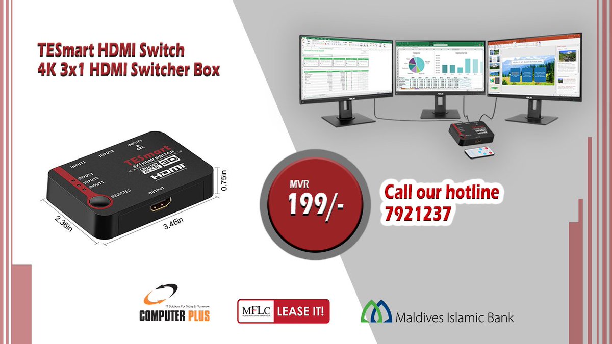 compplus's tweet photo. 3 Ports HDMI Switch.

TESmart HDMI Switch 4K 3x1 HDMI Switcher Box with IR Remote

- Compatible with the HDMI 1.4 cable and above
- Supports video resolution 4K * 2K @ 30Hz, 1920x1080 @ 
  60Hz, 3D

Call Our Hotline for more information 
7921237

#computerplusmv https://t.co/AzsMt2J0L4