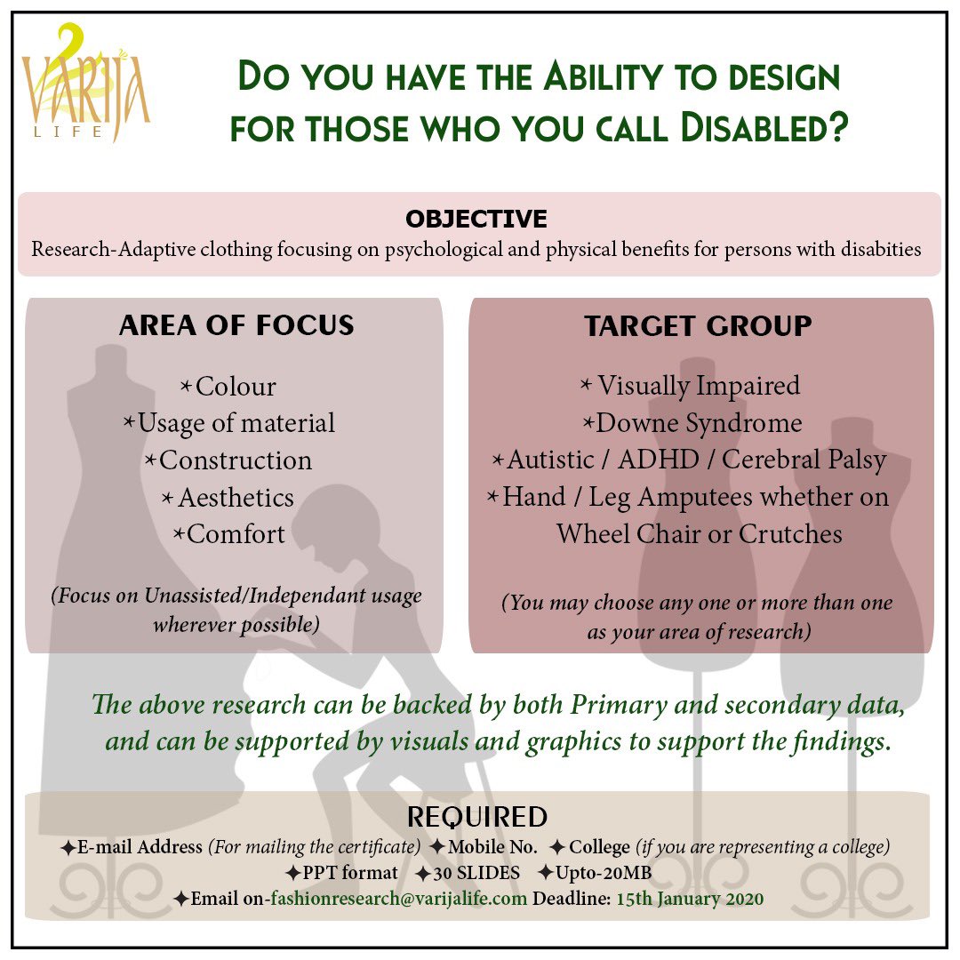 varijabajaj's tweet photo. DO YOU HAVE THE ABILITY TO DESIGN FOR THOSE WHO YOU CALL DISABLED?
As part of the research being conducted on clothing needs of the differently abled across the nation, we invite you or your college to be part of this revolution.
#bethechange #varijalife #ability #disability https://t.co/1Z0SQqbfIF