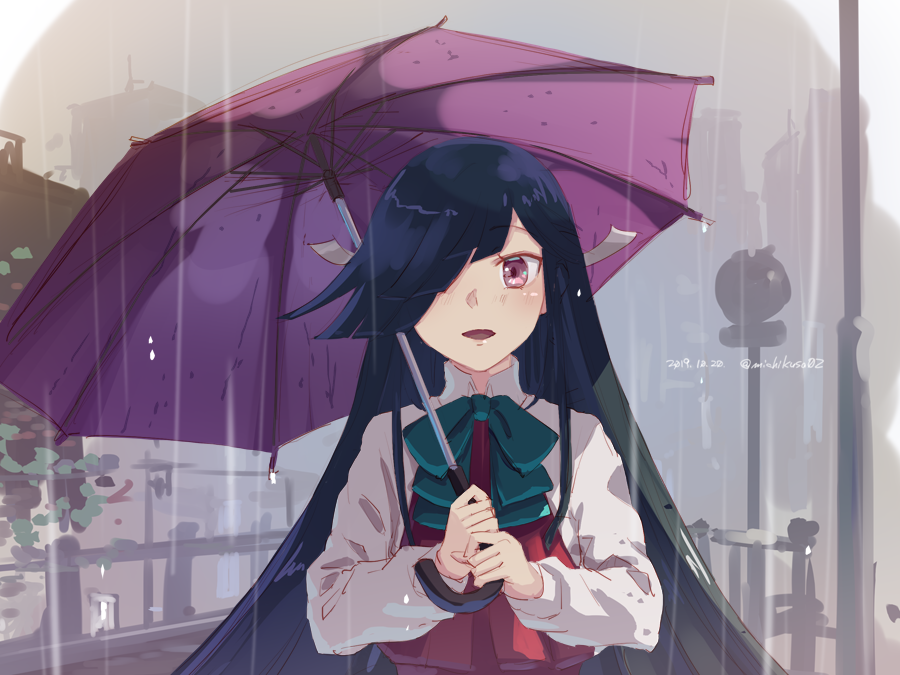 hayashimo (kancolle) 1girl umbrella solo long hair black hair hair over one eye rain  illustration images