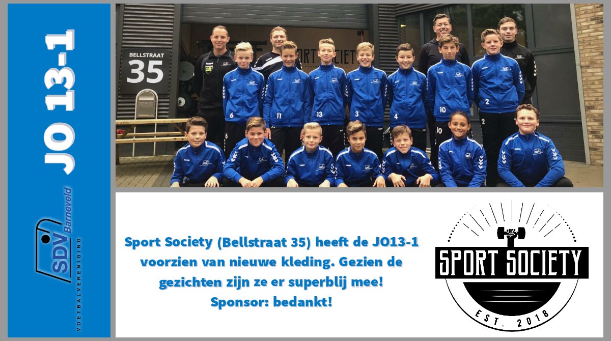 Sport society (Bellstraat 35) heeft de JO13-1 voorzien van nieuwe kleding. 
Gezien de gezichten zijn ze er superblij mee!
#sdvbjeugd  #sdvbarneveld #sdvbkidsclub #nieuwtenue #sponsorkleding #sportsociety