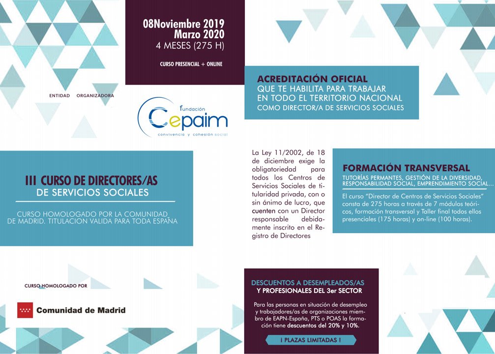 FundacionCepaim's tweet photo. El próximo 8.11 comienza 3a Edición del Curso "Directores/as de Centros de Servicios Sociales".

Presencial + online.
¡Plazas limitadas!

4 meses.

Descuentos desempleadxs o equipos del Tercer Sector

+info: https://t.co/IECoZPIIP7 https://t.co/13MuTERT1B