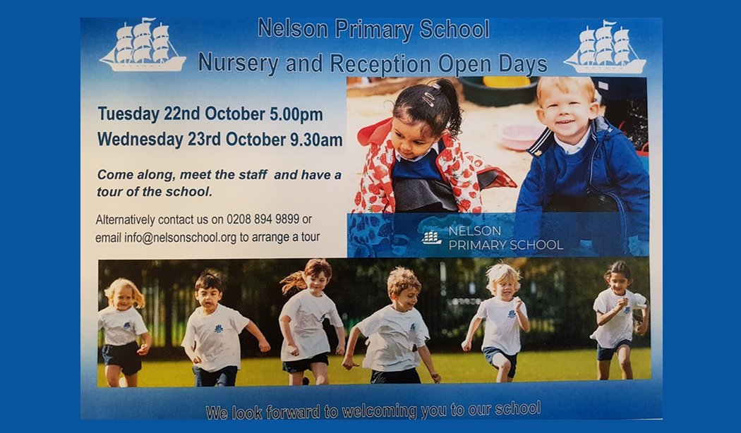 Nelson Primary School is holding two open events next week for prospective parents. Wednesday 23rd October is a daytime session to see the school in action and Tuesday 22nd October is an evening session 😀