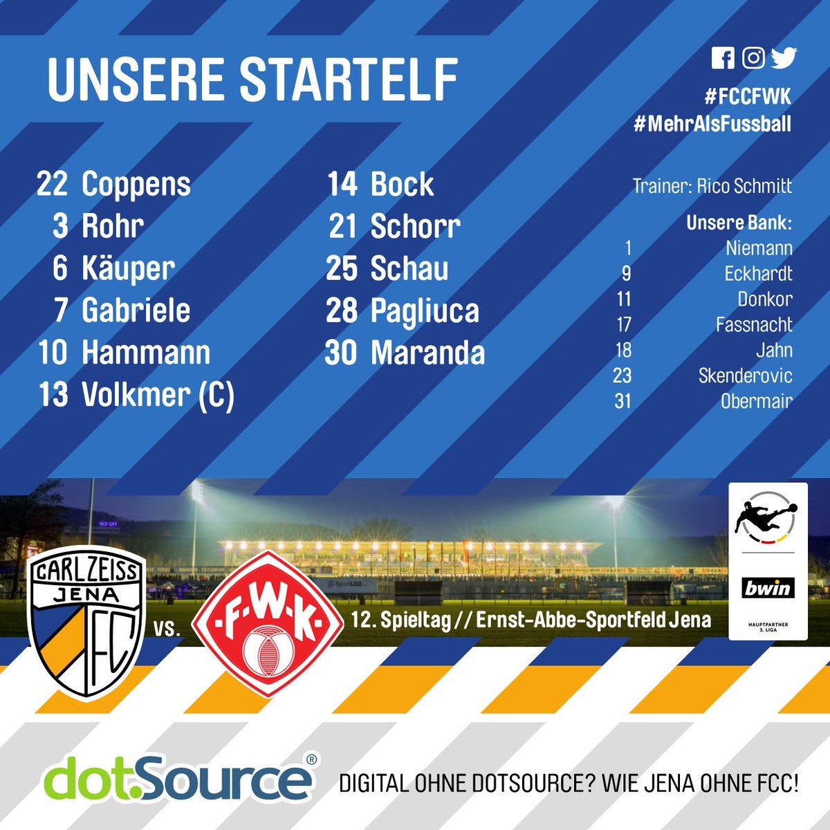 fccarlzeissjena's tweet photo. Trainer Rico Schmitt schenkt in seinem ersten Heimspiel folgender Startelf sein Vertrauen.
#FCCFWK #FCC #NiemalsAufgeben #FG https://t.co/KofSBQhhXo