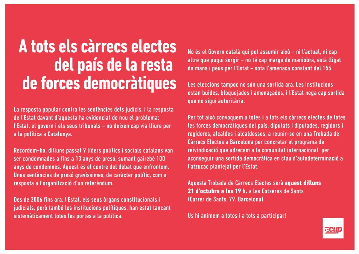 🔴A tots els càrrecs electes del país de la resta de forces democràtiques. 

Una crida per demà dilluns 👇🏾