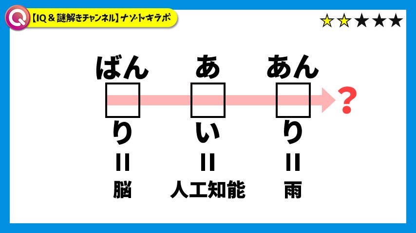ナゾトキラボ 解答 No 106 ひらがなをローマ字に変換します そして下の単語 Brain Ai Rain になるように 順に繋いでみましょう するとその繋いだ線はアルファベットとして読むことができますね よって答えは勝利の Win ナゾトキラボ 解答 No 106 ひらがなをローマ字に変換します そして下の単語 Brain Ai Rain になるように 順に繋いでみましょう するとその繋いだ線はアルファベットとして読むことができますね よって答えは勝利の Win