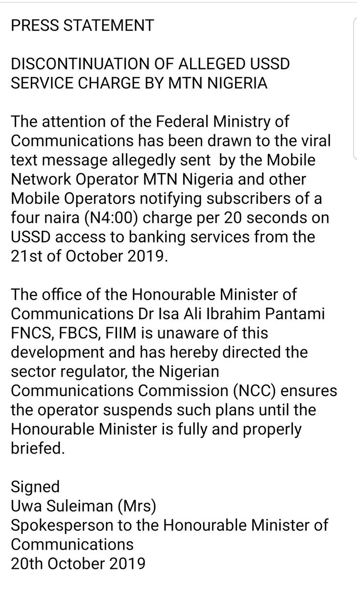 FMCIDENigeria's tweet photo. PRESS STATEMENT

DISCONTINUATION OF ALLEGED USSD SERVICE CHARGE BY MTN NIGERIA

@DrIsaPantami
#FMoCtoday
#FMoC19
#FMoCStatement
#USSD https://t.co/4NH0w2cJVw