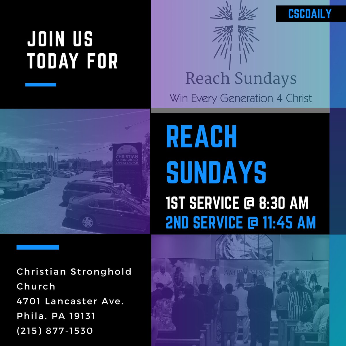 cscdaily's tweet photo. Join us T H I S Morning for our Reach Sundays morning worship services! Starting @ 8:30am & 11:45am at CSC. #cscReachSundays #1stService #830am #2ndService #1145am #WinEveryGeneration4Christ #CSCdaily 🌇💙⛪️📖🚶🏾♂️🚶🏽♀️🏃🏽♂️🏃🏾♀️🏃🏼♂️🏃🏻♀️🚗🚕🚞🚝 https://t.co/1w085DFsKS