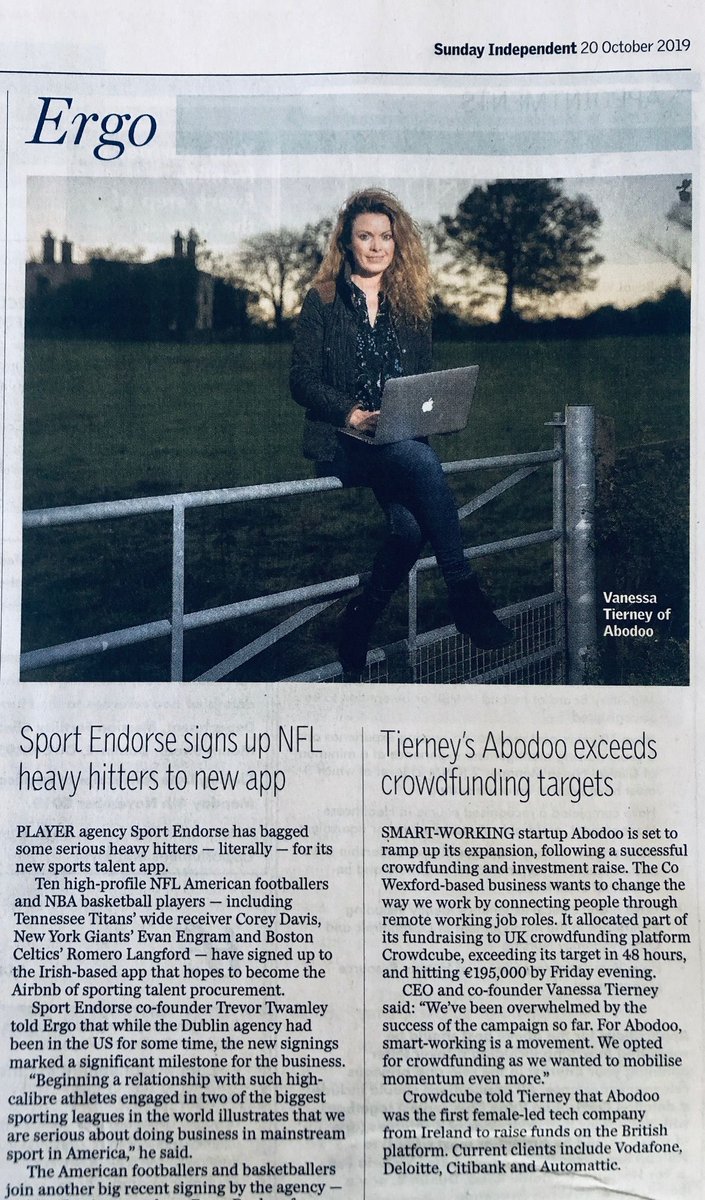 abodooskills's tweet photo. Sunday Independent coverage today on how Abodoo is the first female led tech company on Crowdcube. Just 11 days left and already over 290 investors 🌍 🌎 🌏 The World is really ready for SmartWorking and we are working on being the largest ecosystem to support it. Join us https://t.co/K9V0sSD63W
