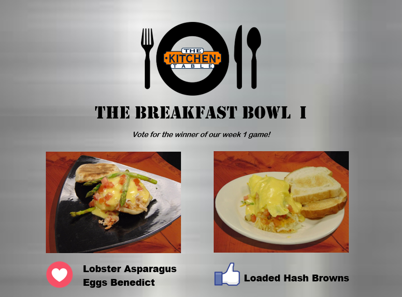 KitchenTableWI's tweet image. This weekends battle in the trenches features last week's winner, "Loaded Hashbrowns" vs. the deliciously competitive "Lobster Asparagus Eggs Benedict." Vote on the winner with your emoticons! #TheBreakfastBowl #TBBWeek2