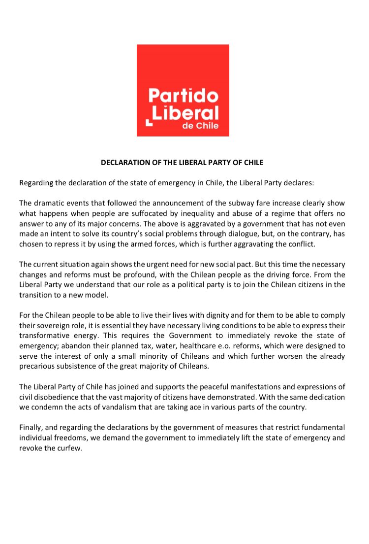 PL_Int's tweet photo. Regarding the current State of Emergency in Chile, the Liberal Party of Chile - @Liberales_Chile @vladomirosevic @feliperamos1980 @abernales - declares: https://t.co/AsrDaLkSQD