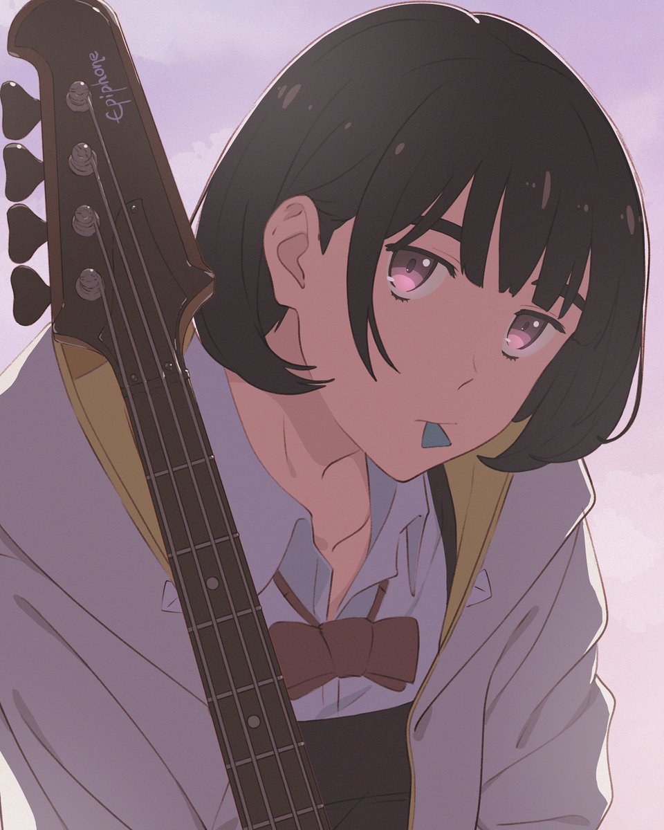 1girl solo instrument guitar black hair short hair bow  illustration images