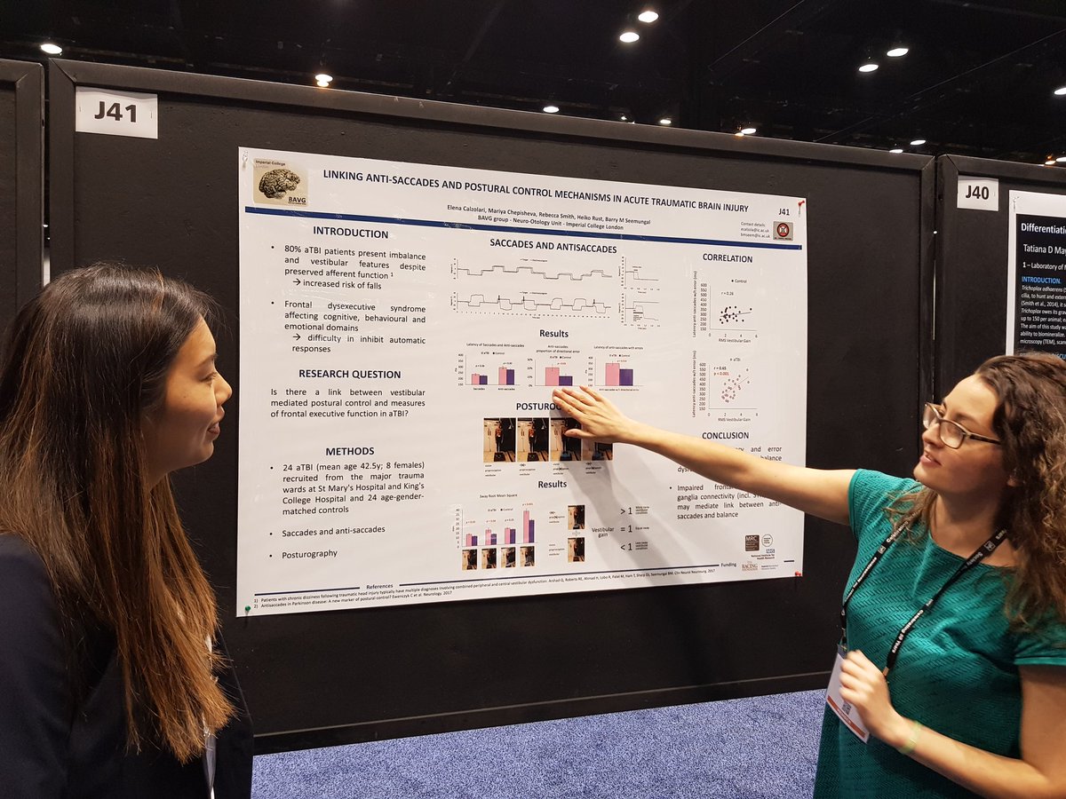 VestibularNeuro's tweet photo. Dr Elena Calzolari presenting on behalf of the #BAVG at #SfN19 for our #The_MRC funded acute prospective TBI study. Elena showed that antisaccadic latency correlates with vestibular-mediated postural sway in acute TBI. Analyses of follow-up data and brain imaging in process. https://t.co/MLcr7VS9zd