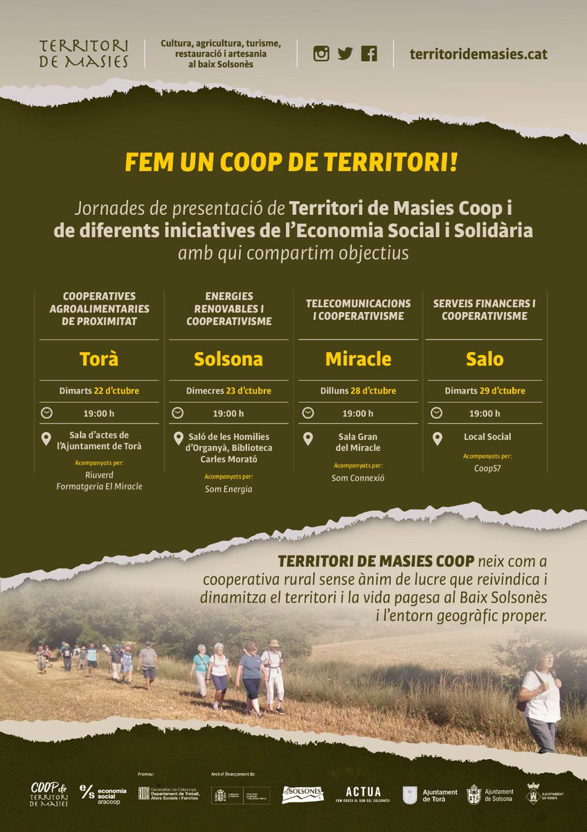 territorimasies's tweet image. Neix la cooperativa sense afany de lucre Territori de Masies Coop.Consum,pagesia, turisme,artesania,comerç de proximitat,acció cultural. Veïnat, entitats i empreses,què ens ofereix la cooperativa?Dimarts 22,a #torà, presentació i inici de les jornades d'#Ess.#femcoopdeterritori