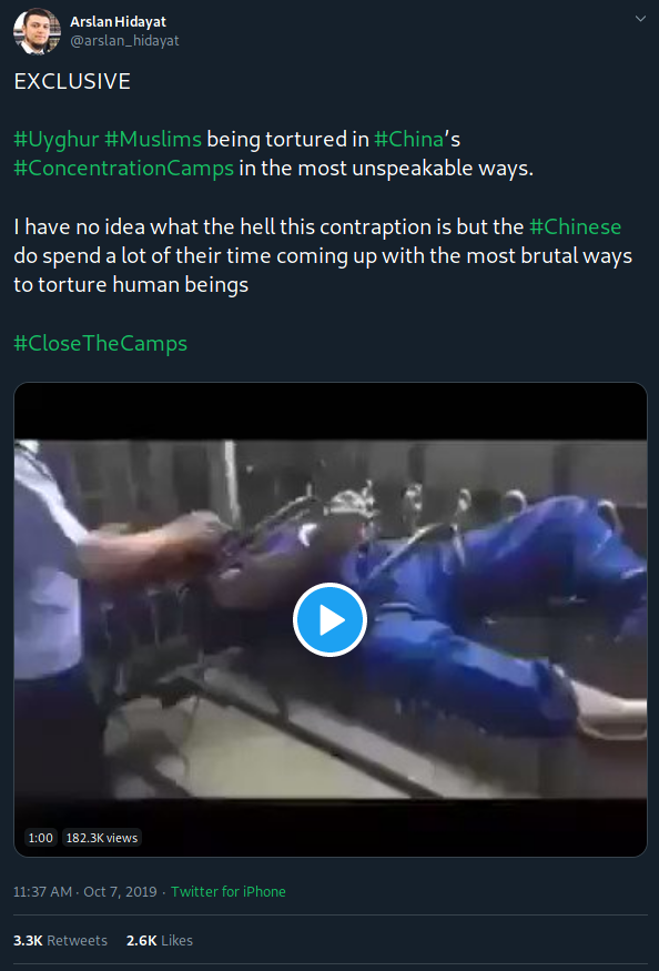 This is not a torture device being used on Muslims in a Chinese prison, it's a bondage device being demoed in an S&M club in Taiwan. A group of Taiwan journalists did a fact-check, managing to find the original video and speaking to the guy in the video:  https://tfc-taiwan.org.tw/articles/379 