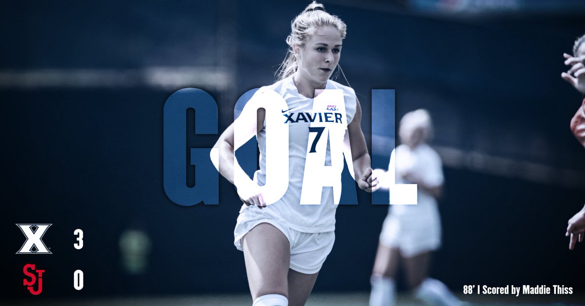 XavierWSOC's tweet photo. GOAL X! Maddie Thiss gets the first of her career and Xavier is up 3-0 in the final minutes at St. John's! #LetsGoX https://t.co/mmeoQ9lnG0