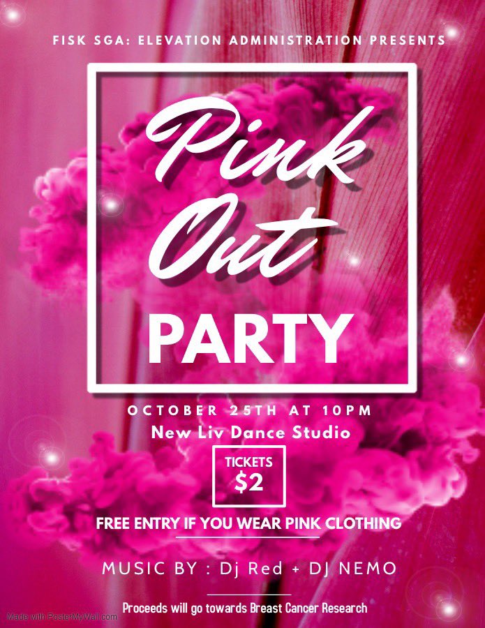 FiskU_SGA's tweet photo. ❗️THIS FRIDAY WE GOT THE MOVES❗️Come out to the New Liv Dance Studio Next Friday, October 25th for our 💕PINK OUT PARTY💕 @10pm in celebration of Breast Cancer Awareness Month!Entry fee is $2 but you get in FREE if you have on PINK clothing and we got sounds DJ RED AND DJ NEMO🎵 https://t.co/UErSxotJgK