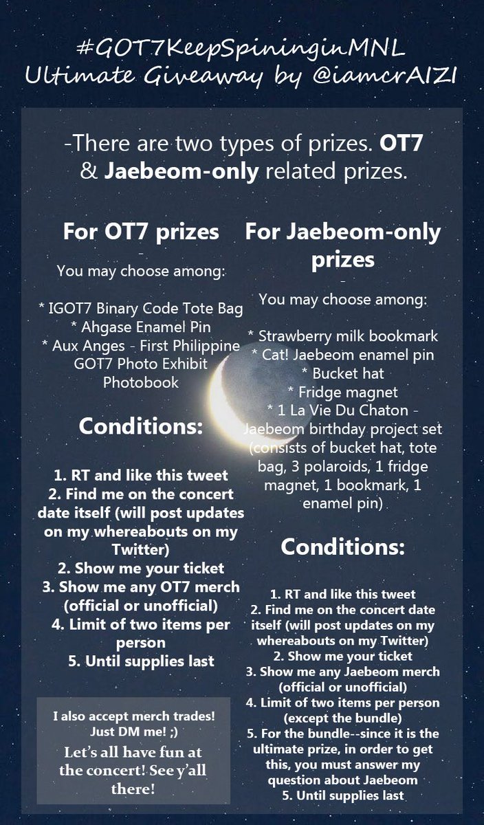 iamcrAIZI's tweet photo. In honor of GOT7 coming back here to the PH after the longest time, I'm holding a #GOT7KeepSpinningInMNL ULTIMATE G/A for all fellow ahgases 💚

Just follow the conditions stated in the picture in order to get your preferred prize/s from me on d-day ✨

See y'all and good luck! https://t.co/H53295py5N