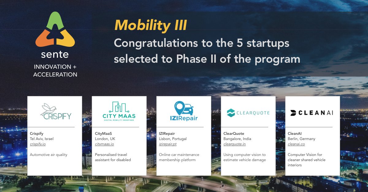 Congrats to <a href="/CityMaaS/">CityMaaS</a> , <a href="/izirepair_pt/">IZIRepair</a> , <a href="/CrispifyIo/">Crispify.io</a> , ClearQuote  and <a href="/_CleanAI/">CleanAI</a>  for advancing with Phase II of our #mobility program, joining us for our activities in #chicago #newyork #detroit, receiving at least $50k each in investment.