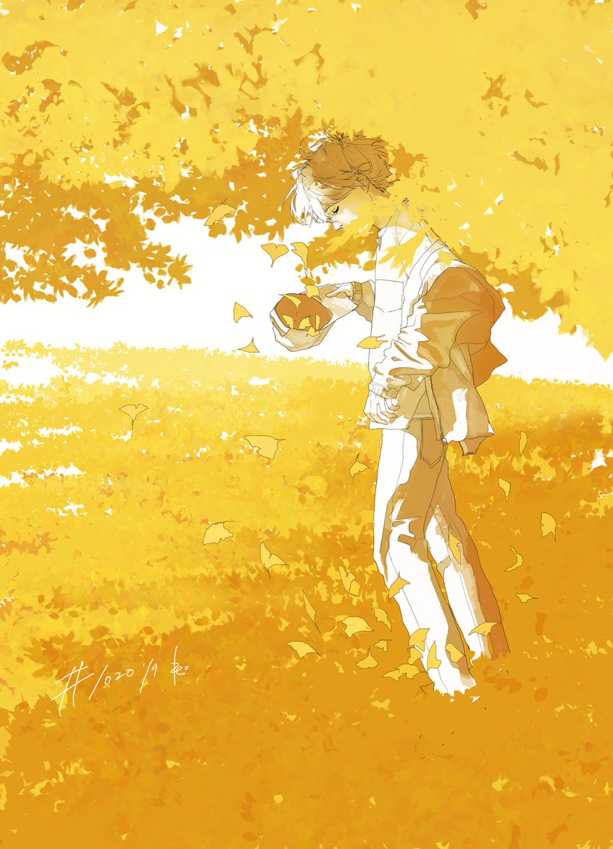 yellow theme outdoors 1boy leaf male focus solo falling leaves  illustration images