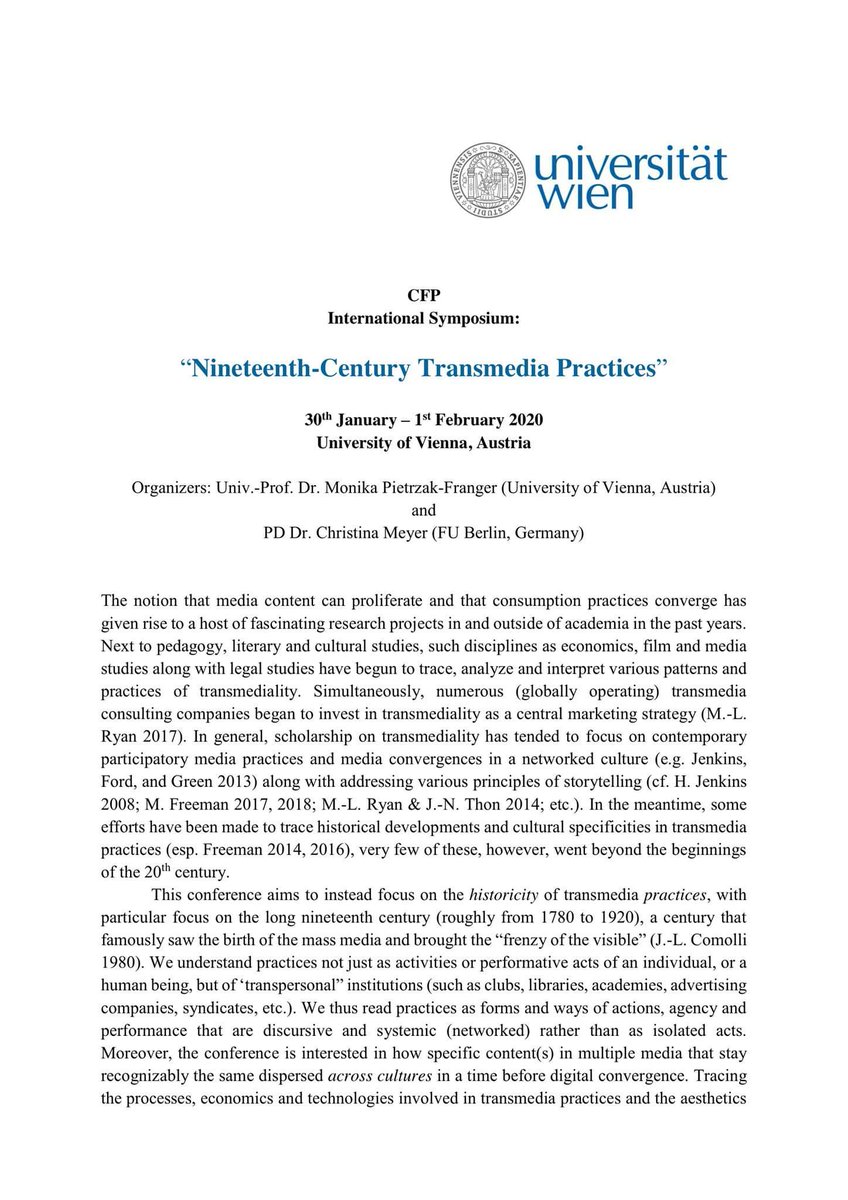 franger_monika's tweet photo. Dear all, please send in abstracts for our conference on Nineteenth-Century Transmedia Practices at the University of Vienna! @drchrislouttit @adaptstudies @VictorianWeb @FWF_at @AusVicStudAssoc @19_birkbeck @univienna @rosarioariasUMA @Ade_Waal https://t.co/PuyyDGGU1Z