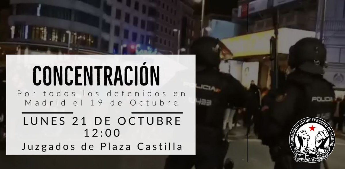 [IMPORTANTE]

De los 11 detenidos ayer, los dos menores ya están en libertad. Al resto les esperamos en la puerta de los juzgados de plaza de Castilla desde las 12:00.
CONTRA SU REPRESIÓN, NUESTRA SOLIDARIDAD