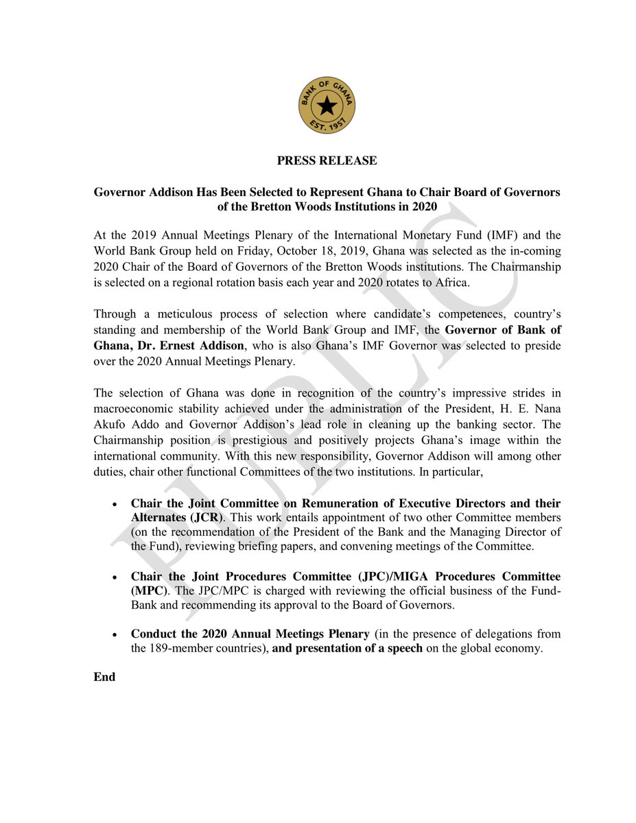 Press Release - Governor Addison Has Been Selected to Represent Ghana to Chair Board of Governors of the Bretton Woods Institutions in 2020
