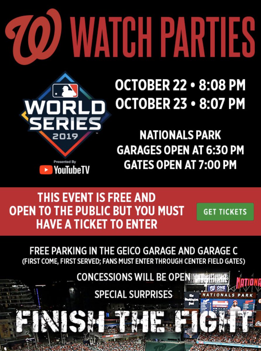 #FINISHTHEFIGHT Watch Parties on Tuesday and Wednesday at Nats Park for #WorldSeries Games 1 and 2

More info: mlb.com/nationals/tick…