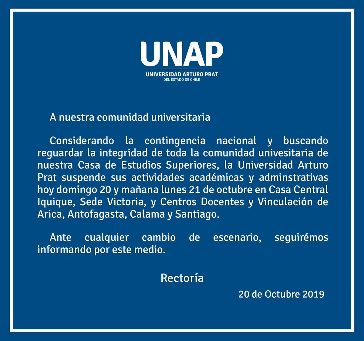 apratcalama's tweet photo. A la comunidad universitaria #UNAP #Iquique #Arica #Calama #Antofagasta #Santiago #Victoria https://t.co/DtLY7cvKk4