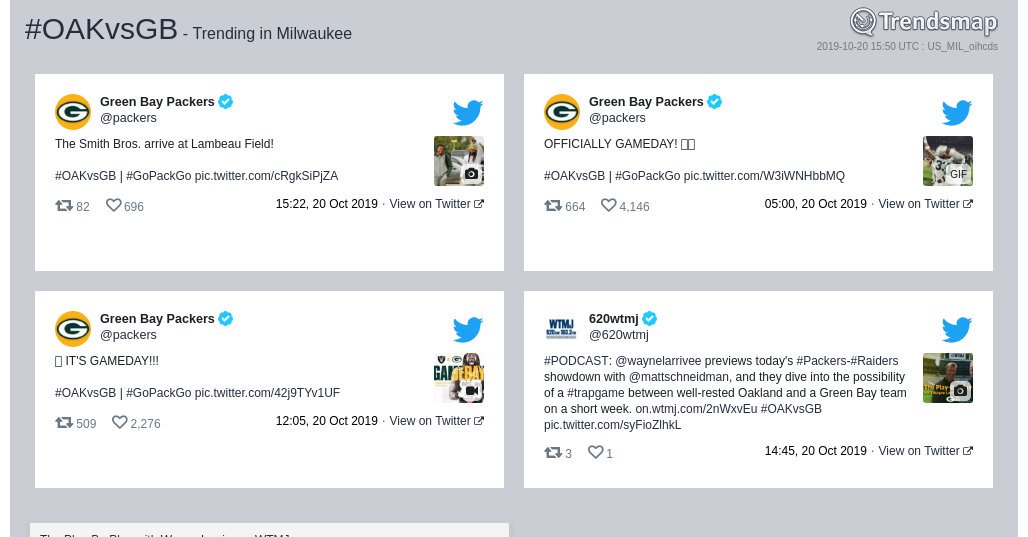 TrendsMilwaukee's tweet photo. #oakvsgb is now trending in #Milwaukee

https://t.co/HgE7Szdqkg https://t.co/sFIaz1nEQ4