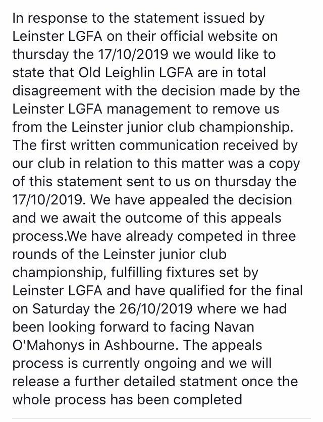 OldLeighlinGFC's tweet photo. Statement on behalf of Old Leighlin LGFA. https://t.co/fZ6lBEBQYM