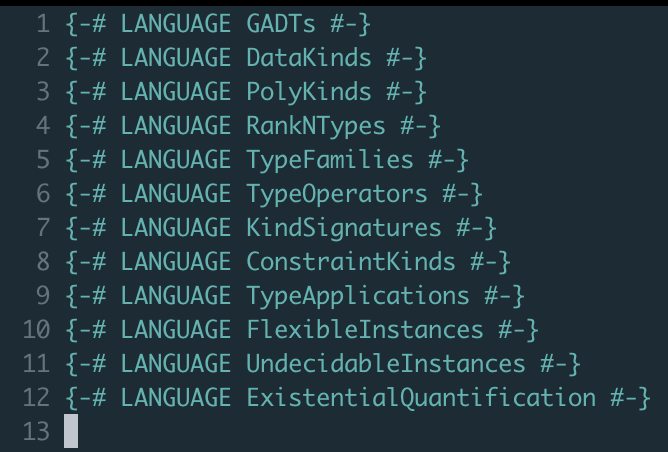 A screenshot of 12 Haskell extensions related to type-level programming