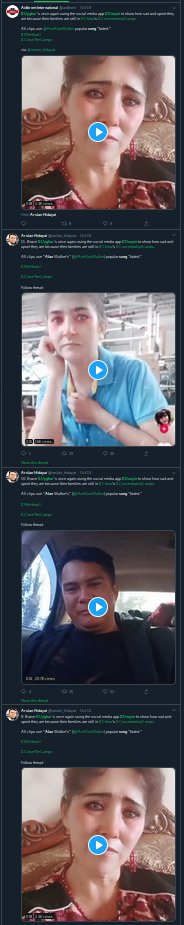 Arslan and many other accounts have been sharing videos of people on Douyin/TikTok using a crying filter to a sad song. It isn't part of any protest or movement, it's just a popular meme that Arslan and others added a false context to.