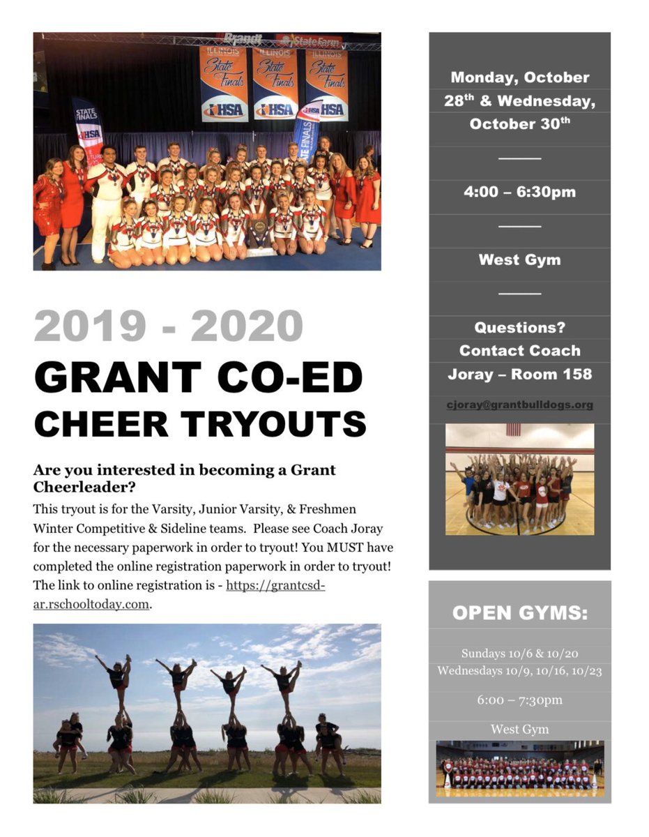 GrantCheer's tweet photo. 📣Don’t forget we have an open gym tonight from 6-7:30pm!! 
Tryouts are only 8 days away ... are you ready?  
#WeAreGrantCheer 
#UnityDiligenceHonor https://t.co/aQcz9ECoja