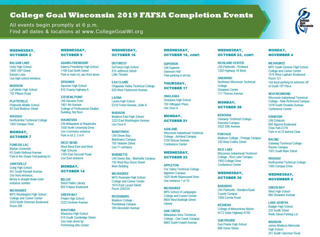 CollegeGoalWI's tweet photo. And our #free #FAFSA assistance events continue this week! Check out the image to see where you can find help conquering that scary FAFSA Monday &amp; Wednesday. #collegegoalWI https://t.co/R1tQFXZLbP