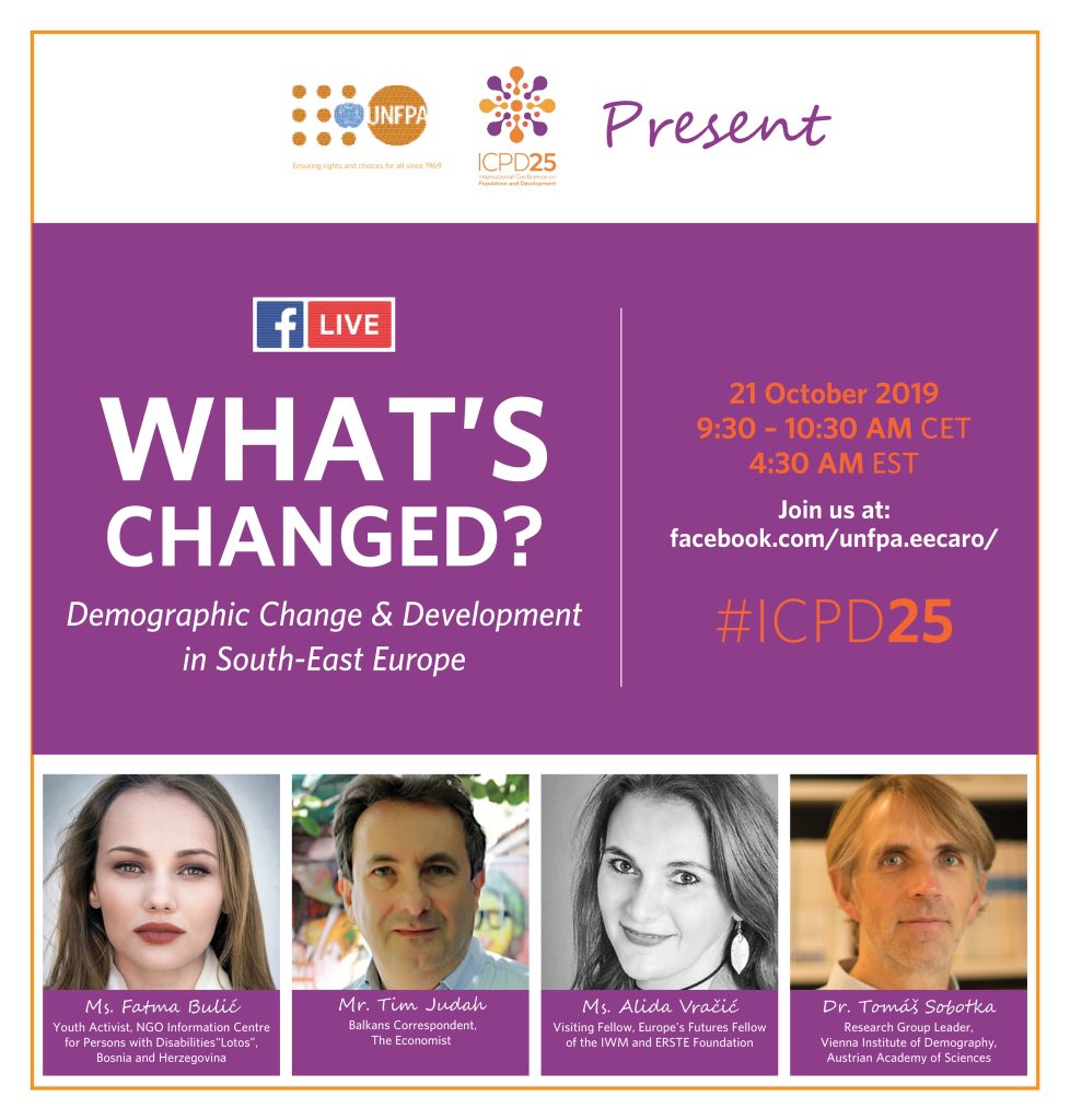 What’s changed in #PopDynamics and #development in Southeast Europe? Join our Facebook livestream tomorrow with an exciting line-up of speakers and moderated by <a href="/AJBalkans/">Al Jazeera Balkans</a>‘ Adnan Rondic &amp; <a href="/ArmitageUNFPA/">Alanna Armitage</a> to find out! Mon 21 Oct 9:30am CET: facebook.com/unfpa.eecaro/ #ICPD25