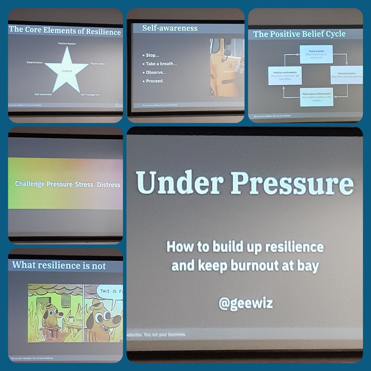 Final talk of the day @WordCampDublin... resilience and managing burnout. Always important! #essential #mentalawareness #resilience #positivepsych #WCDublin @Geewiz @OTMarketing101