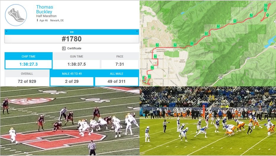 Busy, exhausting, but fun day in Utah on Saturday. Half marathon in the morning (2nd for my age group!!), Arizona St @ Utah in the cold rain, and Boise State @ BYU with some snow in the evening.