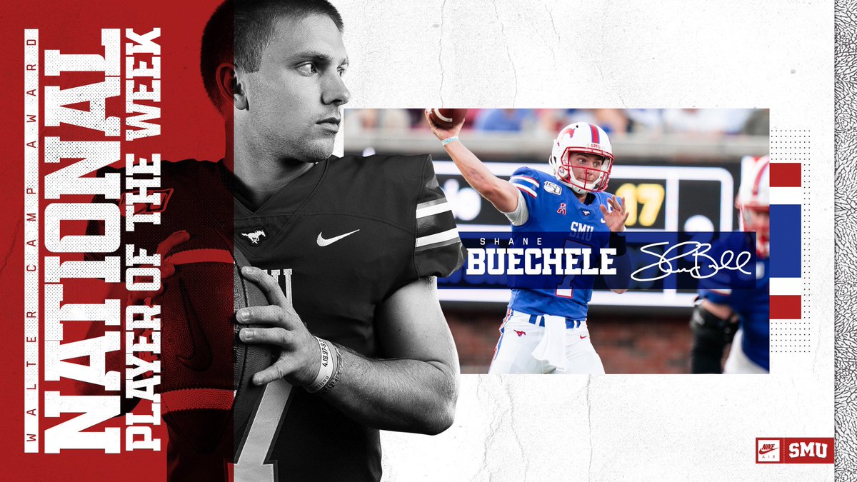 SMUFB's tweet photo. Our guy is the National Offensive Player of the Week! 

@BGShaneBuechele threw for 457 yards &amp; 6 touchdowns in the 45-21 #TempleBeat victory. #PonyUpDallas https://t.co/mKhViE1fUM