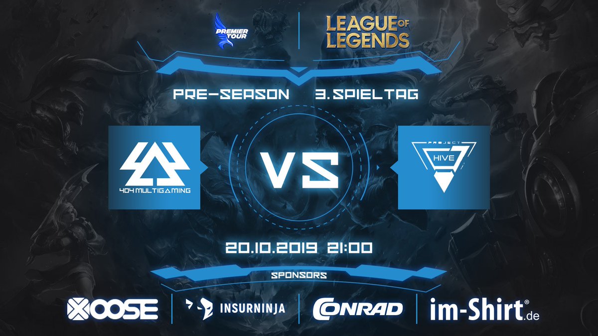 ❗ GAME ON ❗

🕗 Heute, 21:00 Uhr
🎮 3. Spieltag, #PremierTour Pre-Season
🆚 <a href="/HIVEnbg/">Project HIVE</a>

Team: 404-multigaming.com/teams

Weitere Infos: premiertour.gg/de/leagues/mat…

Live ab 20:40: twitch.tv/404_multigaming

Auf gehts 404!💙
#404MG #404WIN | #LoL #eSport #Dresden