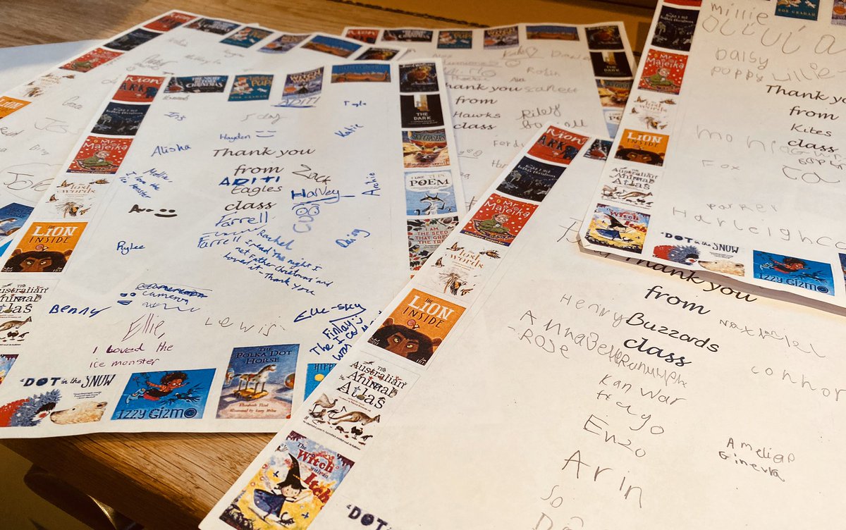 _lufraser's tweet photo. Every month, for 1 whole year, I sent a local school a book bundle with a letter explaining why I’d chosen the books enclosed. A year later, I just opened this - thank you letters from the kids &amp; also the librarian, telling me how these books continue to be loved 
♥️ @BookBuddyUK https://t.co/sgJXE4fPzn