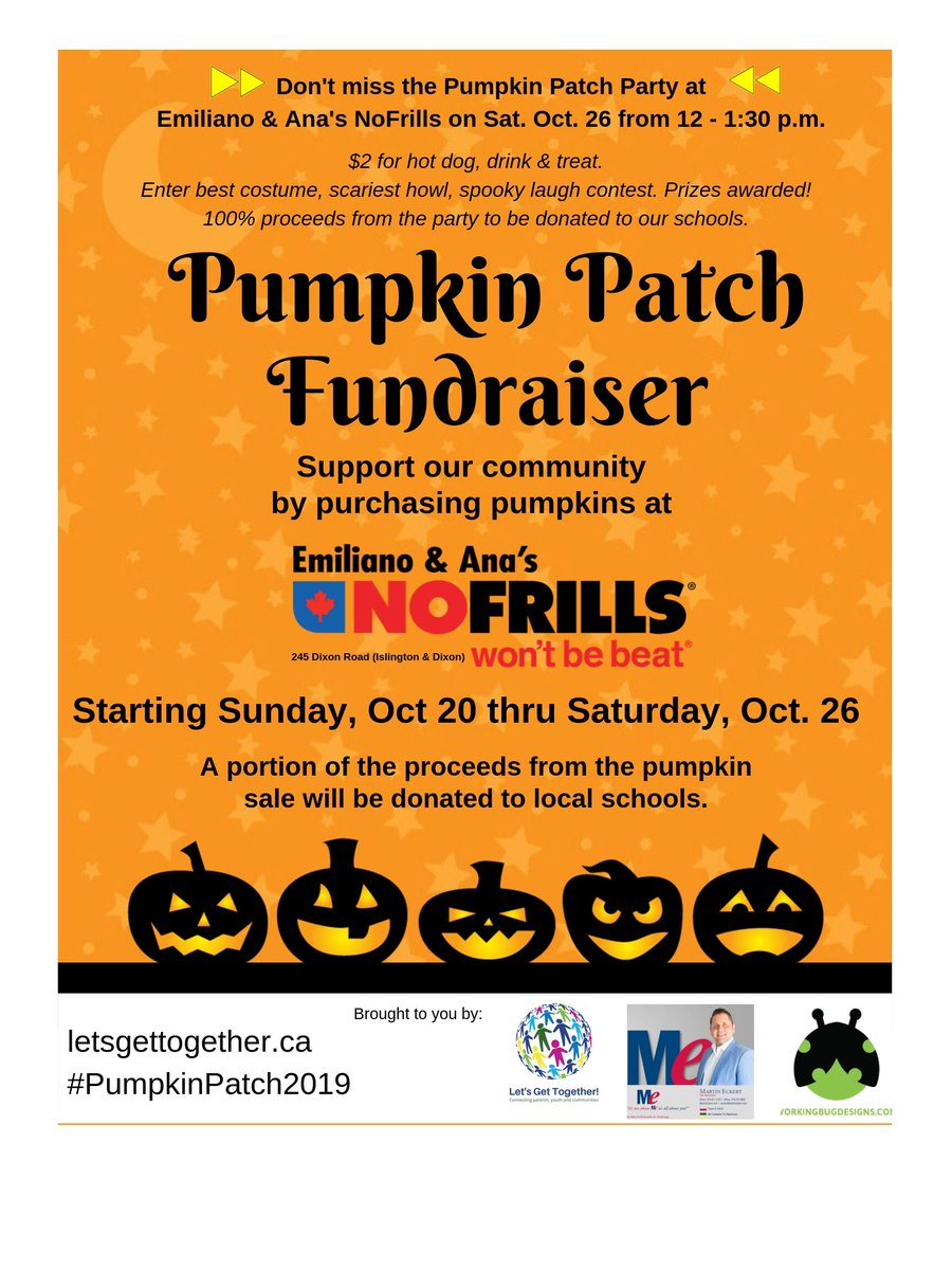 GetTogetherTO's tweet photo. Today is the beginning of our #PumpkinPatch2019 Fundraiser! Buy a pumpkin from Sun, Oct 20 to Sat, Oct 26, at Emiliano &amp; Ana's #NoFrills and a portion of each sale will be donated to schools in the #KingsviewVillageWestway Community. https://t.co/qPT8deqmsW #hauler #GetTogetherTO https://t.co/aij8FX0wOS