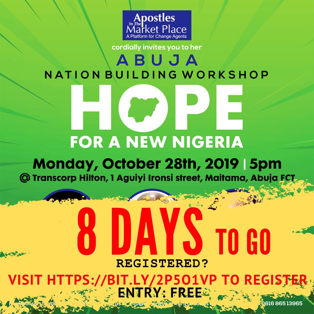 AiMP_Network's tweet photo. It's 8 days and counting to another impactful #Nationbuilding #Workshop. #NBW2019. This event is completely FREE! however, registration is required. Secure a seat by clicking https://t.co/Dt5Kse9aWO. See you there!
#YemiOsinbajo @ProfOsinbajo
#KayodePitan
#SegunOlujobi
#Impact https://t.co/k9EEEgo5vS