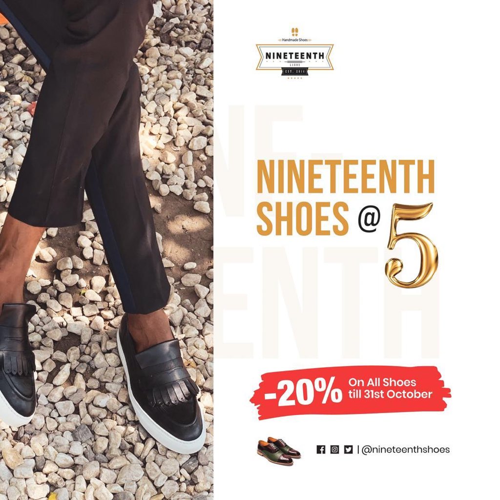 Attention Shoe-gars!!!🚨🚨

Nineteenthshoes is 5 years today and we are offering you a chance to bag your dream shoes at 20% discount price.

Don’t let budget stop you! 
Don’t let aroro kee you! 
Invest in your feet 🔊🔊

Send a DM on our official IG page <a href="/Nineteenthshoes/">nineteenth shoes</a> 🔥🔥🔥
