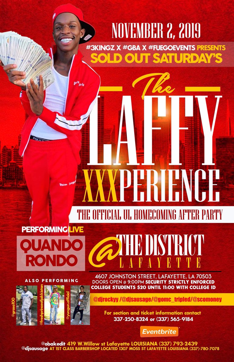 iamRedKocaine's tweet image. UL Homecoming weekend just got 100 times bigger!!! Saturday November 2nd @quando_rondo  will be performing Live #laffyxxxperience #3Kingz x #GBA done linked up with #fuegoevents  to bring to you the biggest homecoming after party to hit the state of Louisiana.