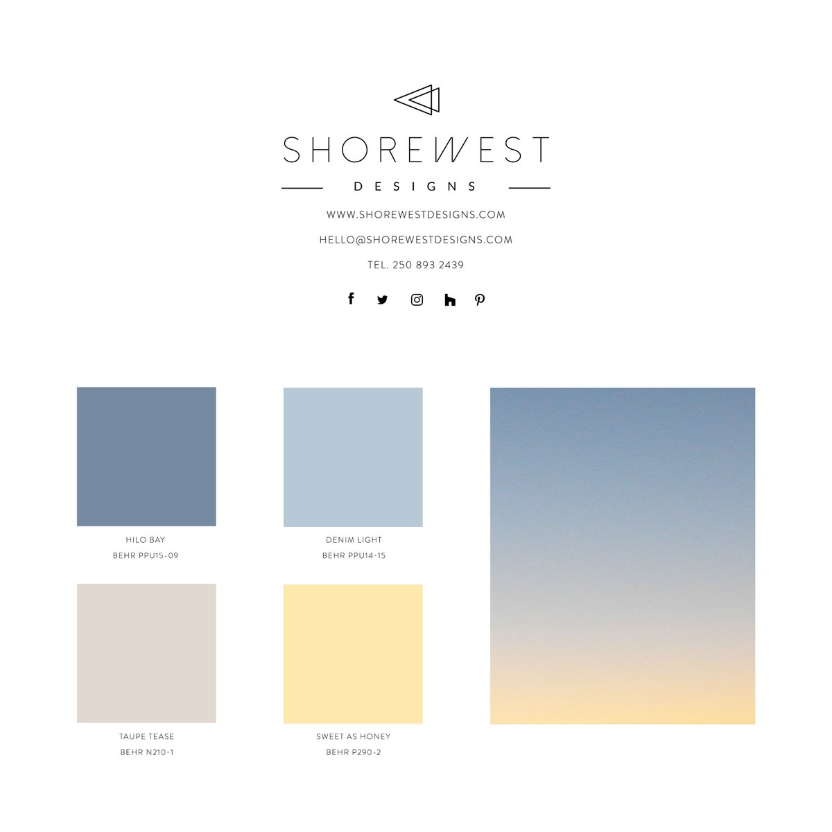 'DAYBREAK' || #SwatchSunday⠀
⠀
Featuring #Behr Paint:⠀
Hilo Bay | PPU15-09
Denim Light | PPU14-15
Taupe Tease | N210-1⠀
Sweet As Honey | P290-2
⠀
#paintswatch #design #colorplanning #colorpalette #designinspo #nature #moodboard #inspirationboard #interiordesign #sunrise