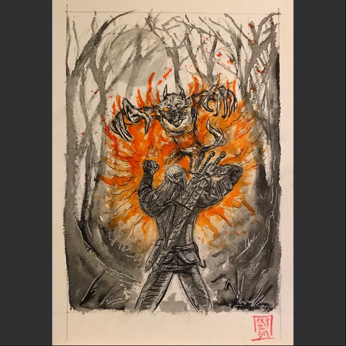 EbKillustration's tweet photo. Three prompts here haunted forest, moon and werewolf days 19,20 and 21 of #mabsdrawlloweenclub2019 

#art #ink #illustration #drawing #watercolour #watercolor #woods #werewolf #witcher #geraltofrivia #geralt #thewitcher3 #igni #fire #bigbadwolf #videogames #moveroach https://t.co/XZymjy9UNG
