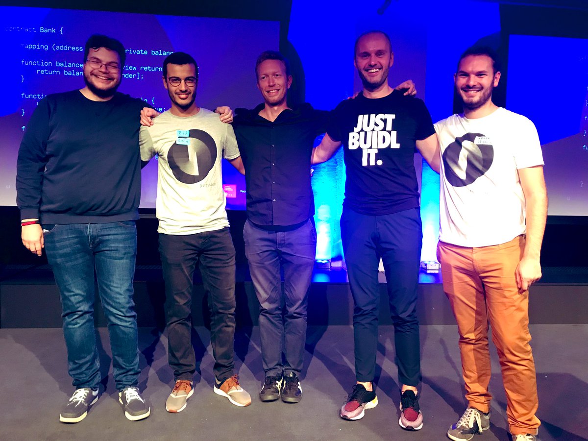oviohq's tweet photo. The @iEx_ec team at #diffusion2019 with the winning submission Decentralify https://t.co/Jd2DxNWrgH