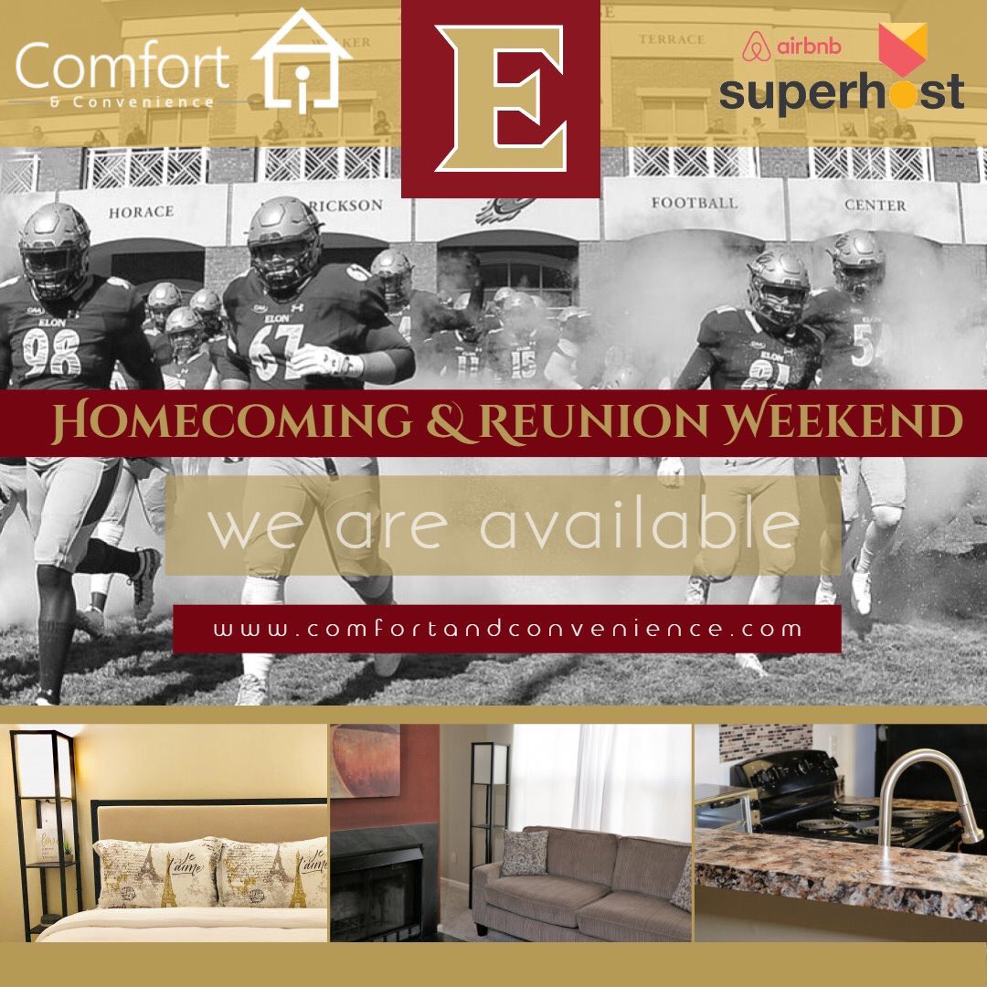#ElonAlumni we're ready to accomodate for #ElonHome &amp; Reunion Weekend.. Reserve your stay today! comfortandconvenience.com
#elon #airbnb #travel #hotel #booking #bedandbreakfast #airbnbsuperhost #airbnbexperience #greensboro #gso #airbnbhosts #raleigh #chapelhill #durham #rdu